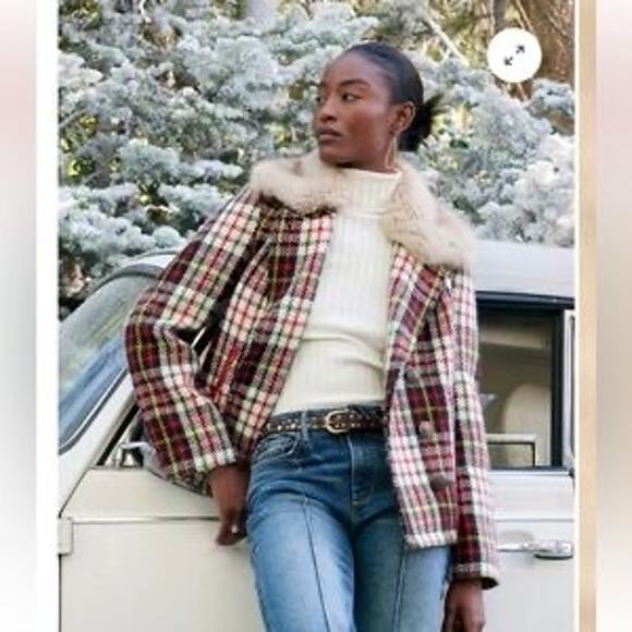 Sundance Womens Coat Fur Neck Plaid Wool Jacket Size L Double Breasted Boho Red - Picture 1 of 13